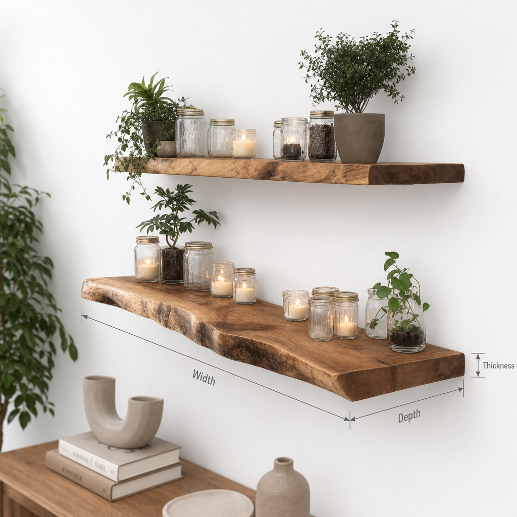 Deep Live Edge Solid Wood Floating Wall Shelf Rustic Wooden Shelf for Plants & Decor