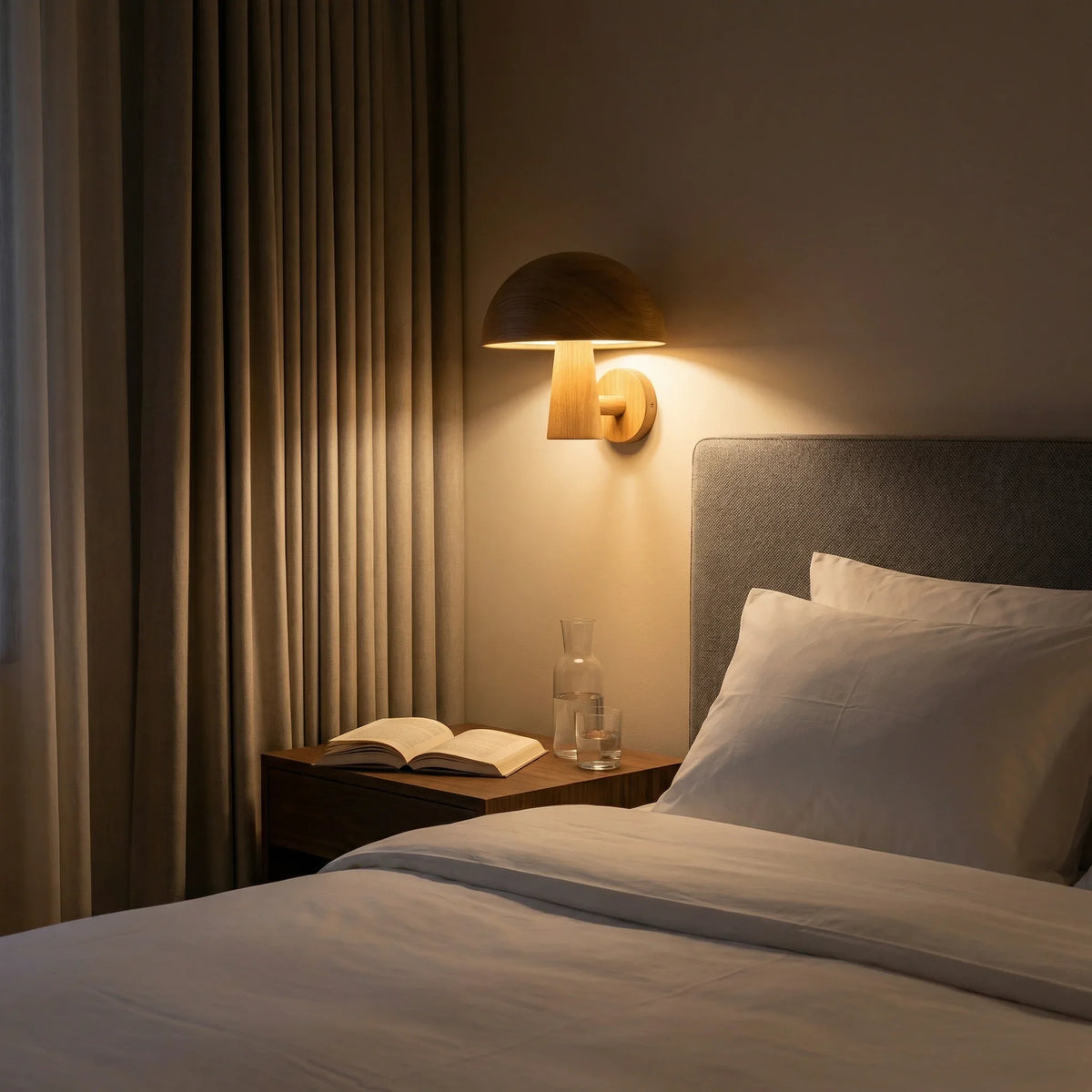 Minimalist solid wood dome mushroom wall sconce above bedside table in cozy bedroom