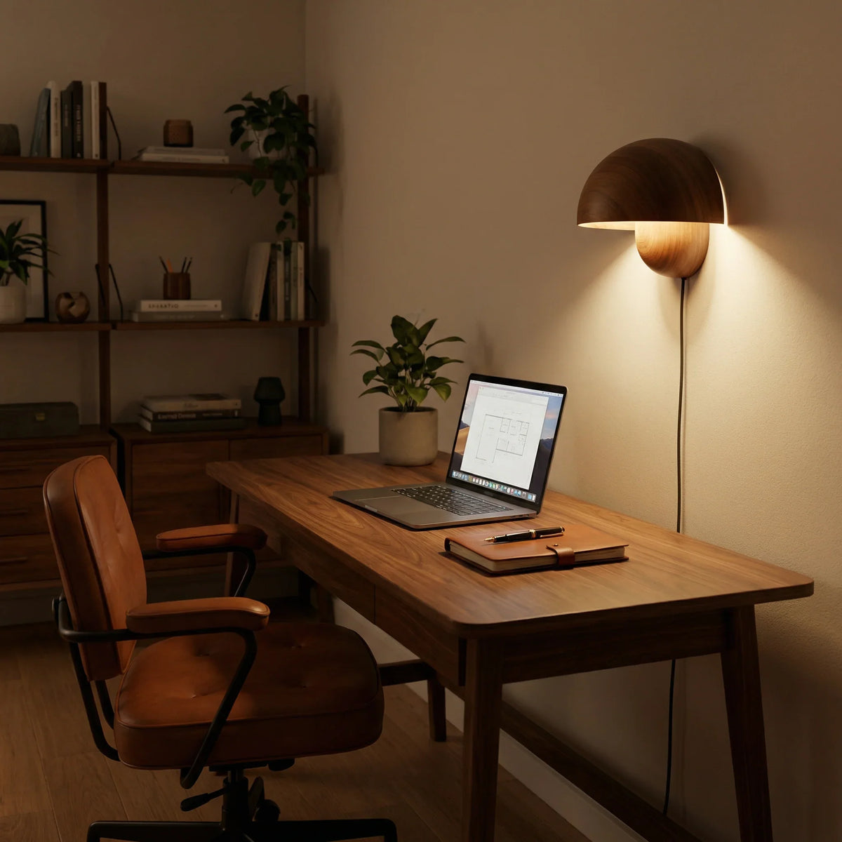 Minimalist dome-shaped solid wood wall sconce illuminating a modern home office workspace