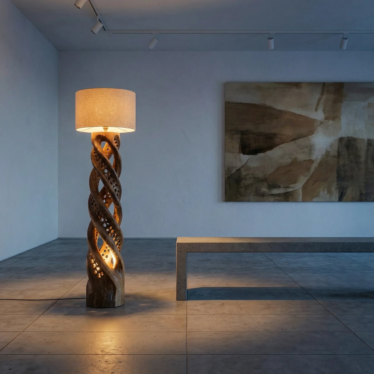 Double helix carved wood floor lamp with perforated light holes in modern room