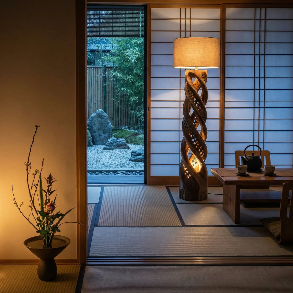 Double helix carved wood floor lamp with perforated light in a modern Zen-inspired room
