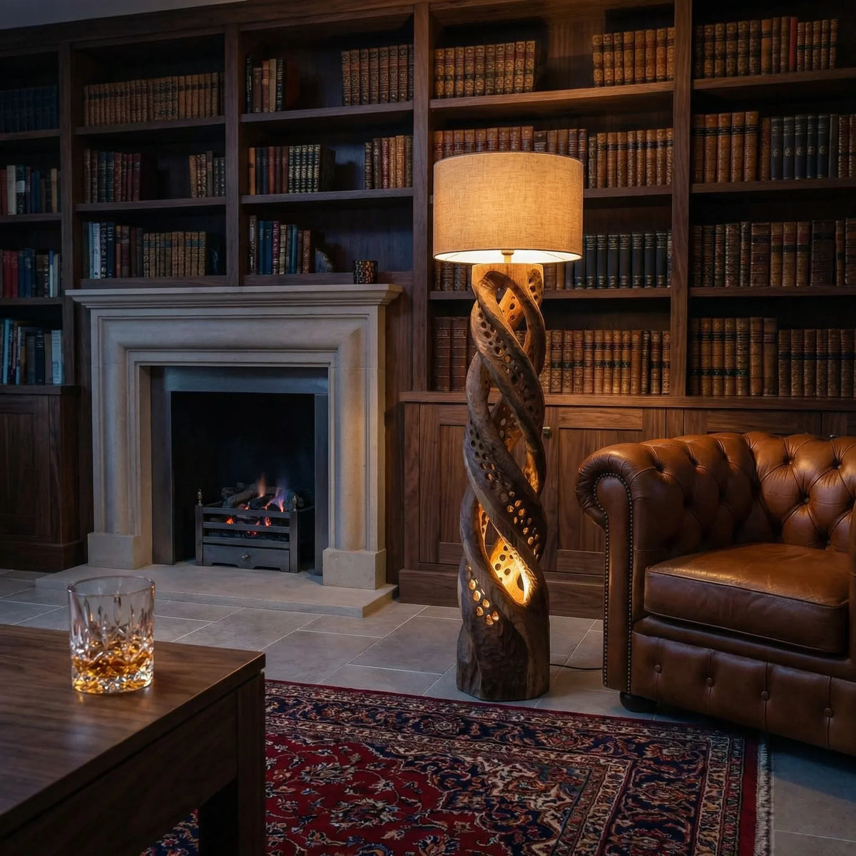 Double helix carved wood floor lamp with perforated light holes in cozy library setting