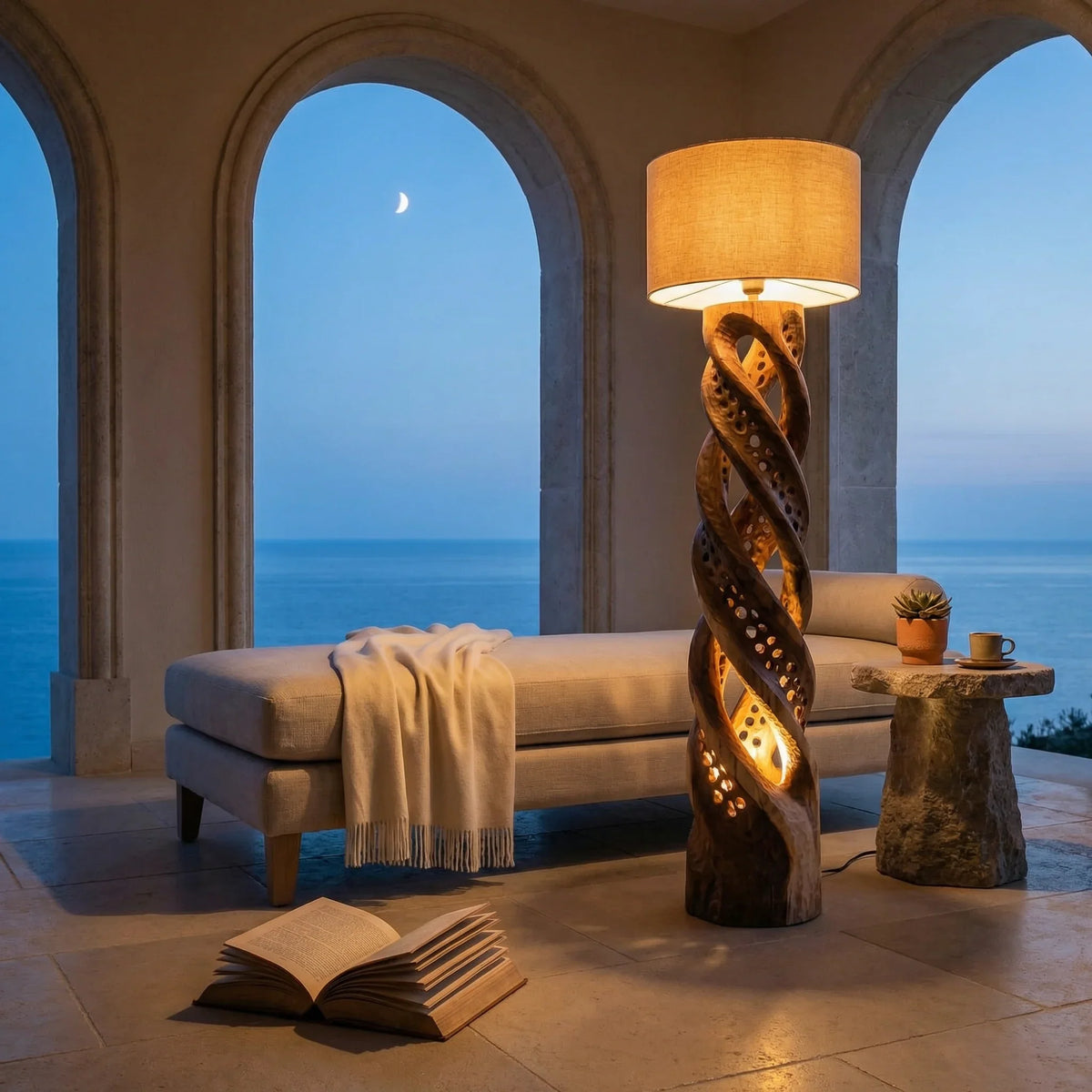 Double helix carved wood floor lamp with perforated light holes in a coastal living space