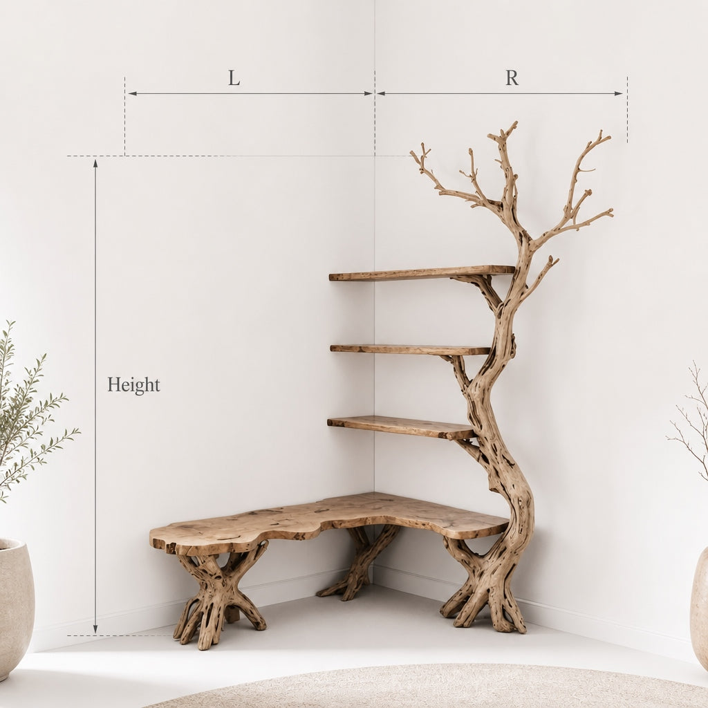 Driftwood Corner Bookshelf: Solid Wood Tree Branch Carving