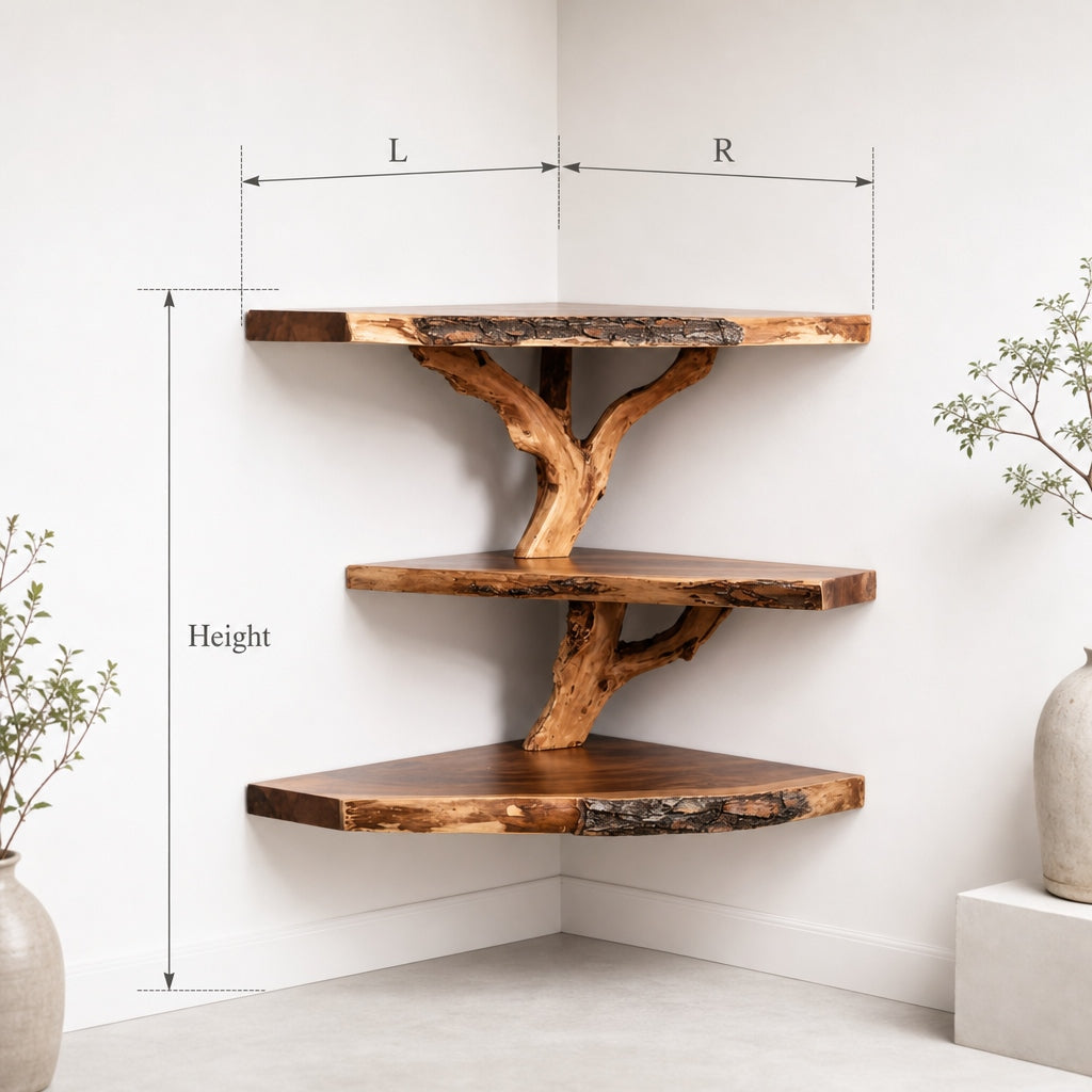 Driftwood Corner Wall Shelf – Natural Solid Wood Floating Bookshelf