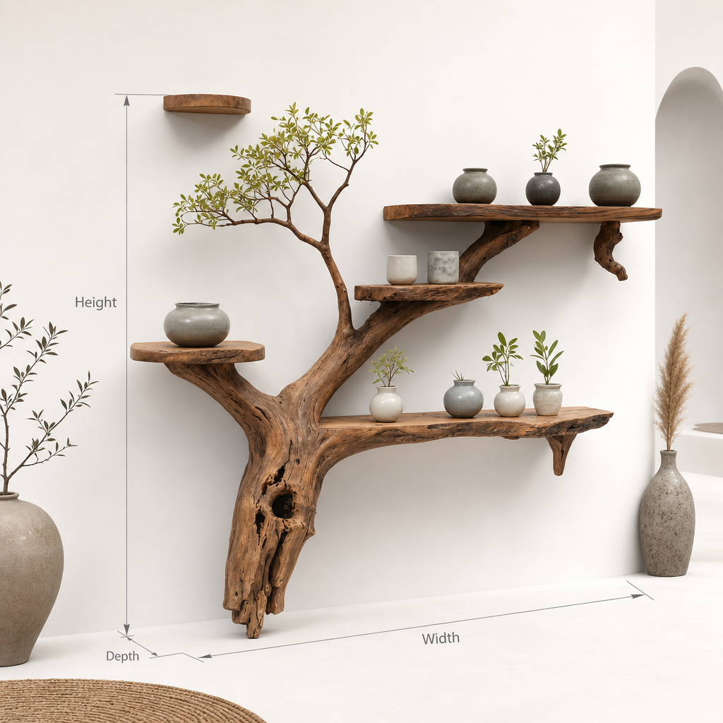 Driftwood Floating Bookshelf – Rustic Tree Branch Wall-Mounted Bookcase