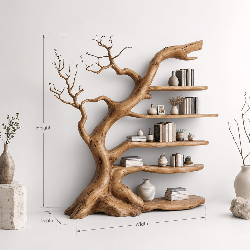 Driftwood tree bookshelf acting as a wall-mounted display piece for home decor