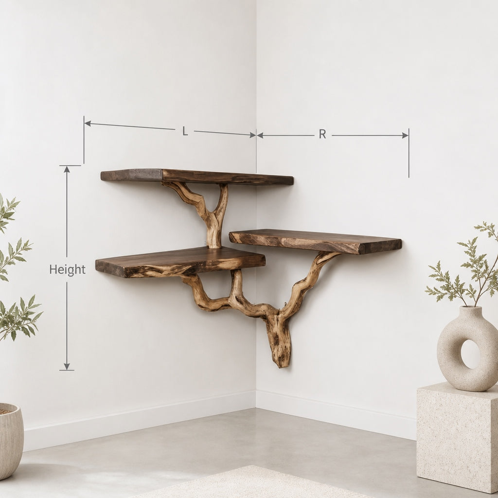 Driftwood Tree Branch Corner Shelf – Handmade Floating Wall Bookshelf