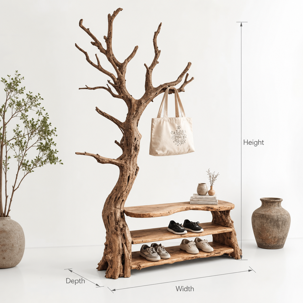 Clothing rack driftwood tree design with storage shelves