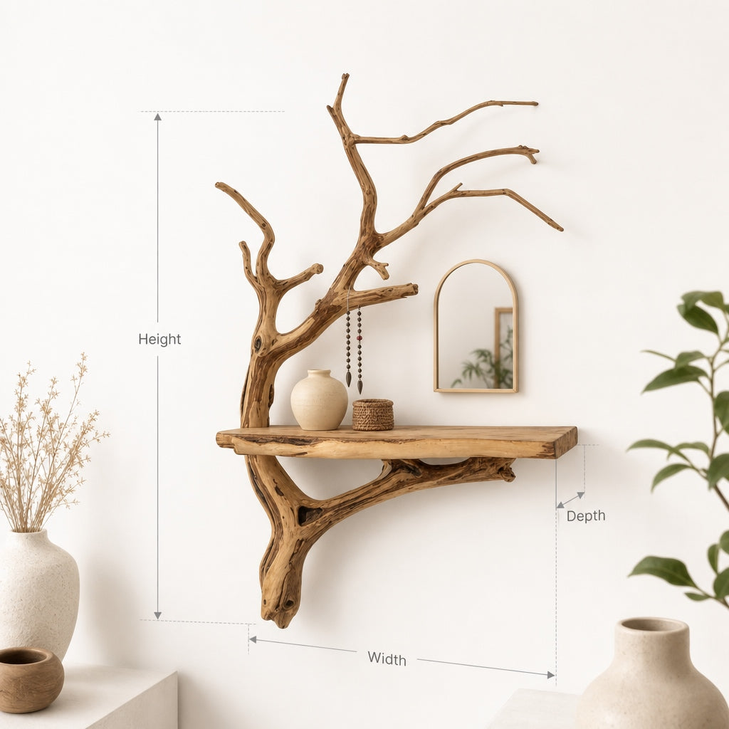Driftwood Tree Jewelry Shelf – Handmade Floating Wood Organizer