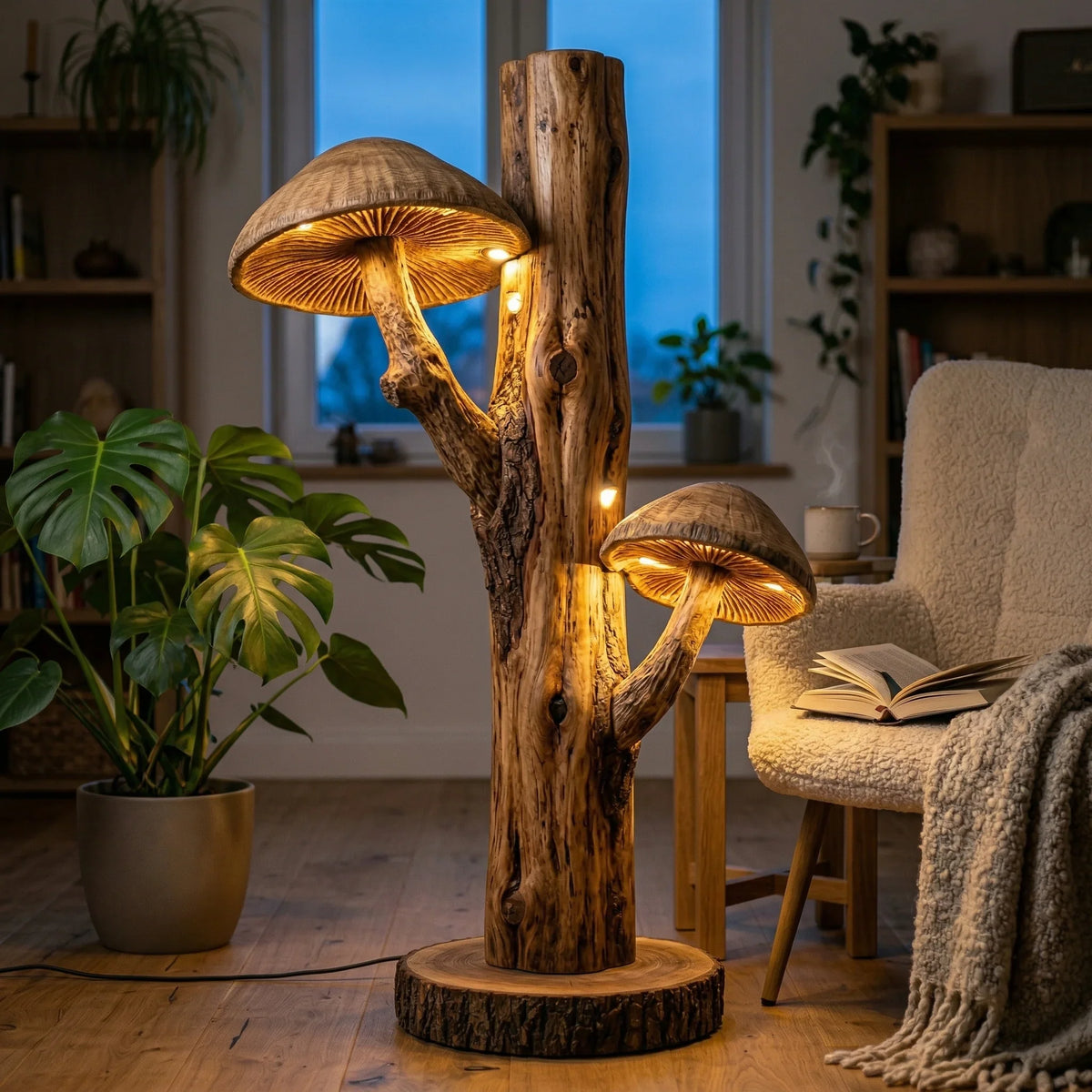 Dual mushroom floor lamp with hand-carved wooden gill caps on natural tree trunk base