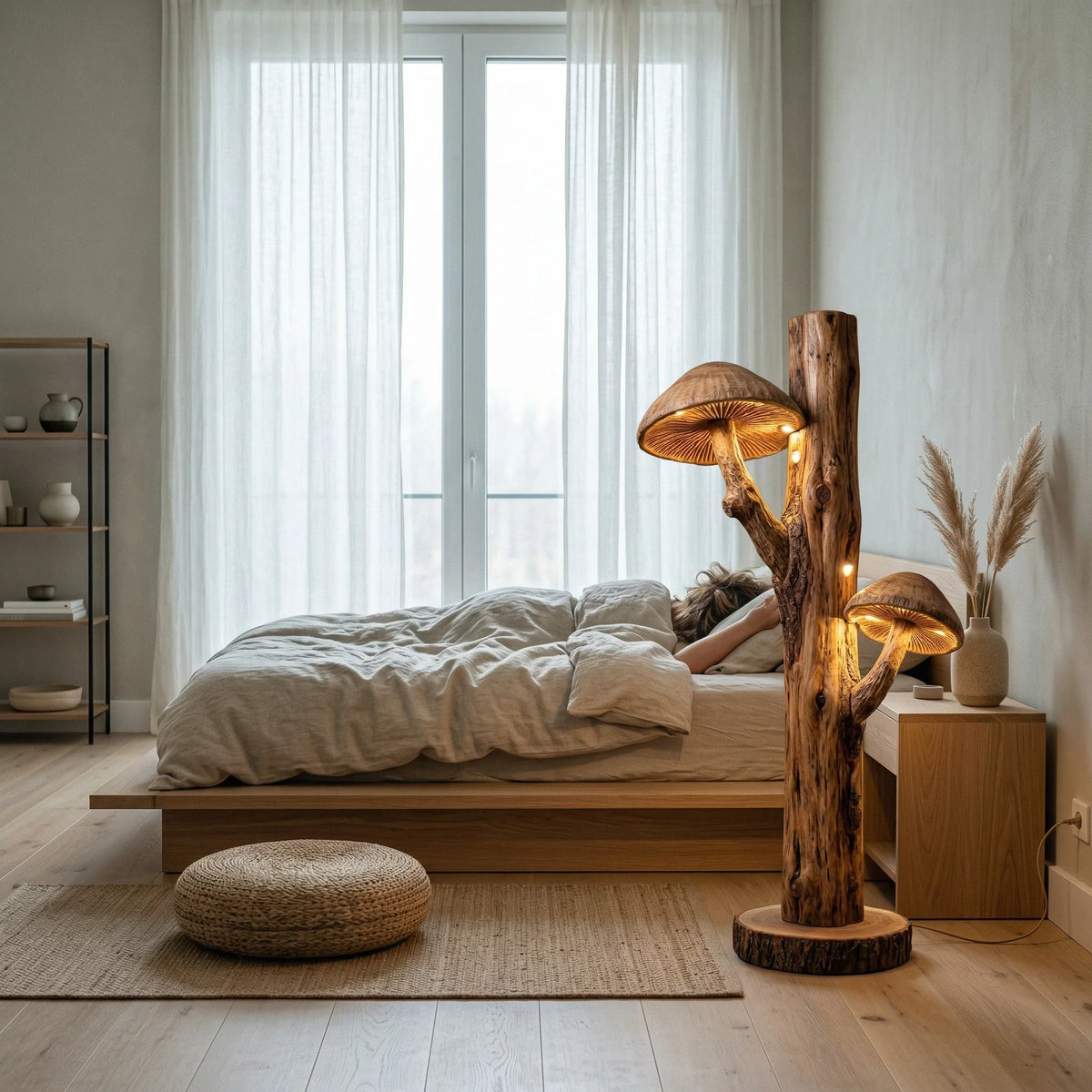 Dual mushroom floor lamp with carved wood trunk and illuminated gill caps in cozy bedroom.