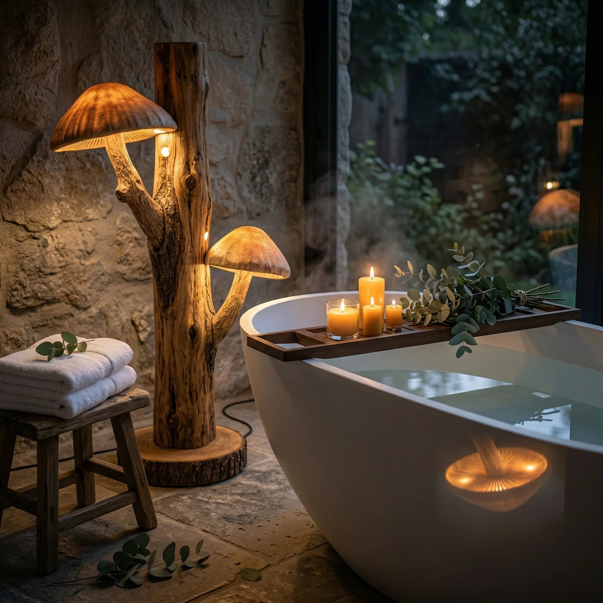 Dual mushroom-shaped floor lamp with carved wood, beside modern bathtub and candles in rustic bathroom