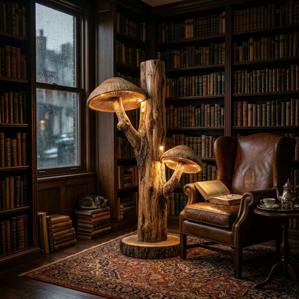 Dual mushroom floor lamp with hand-carved wood trunk and glowing caps in cozy library setting