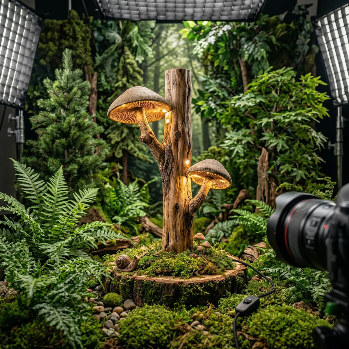 Dual mushroom-shaped floor lamp with carved wood gill details on a tree trunk base in a forest setting