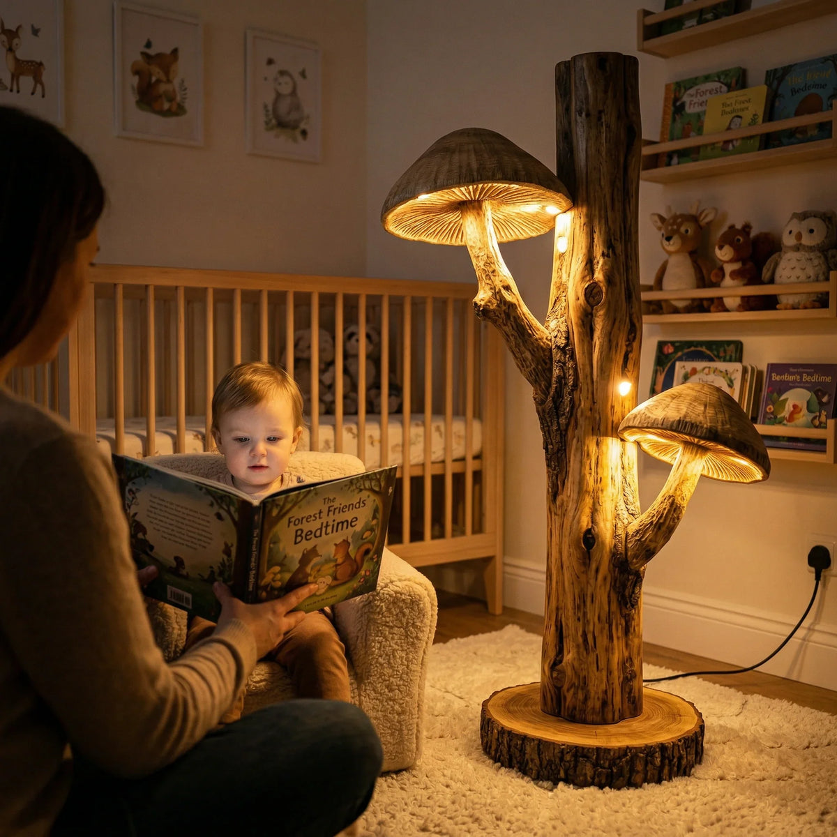 Dual mushroom bark floor lamp with carved gill glow caps on a natural wood trunk base