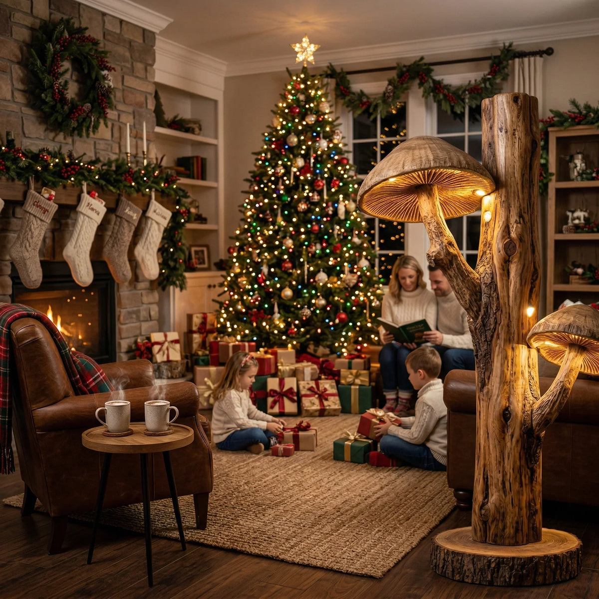 Dual mushroom tree trunk floor lamp with carved gill caps, in cozy festive living room