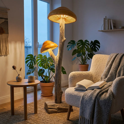 Dual Driftwood Mushroom Floor Lamp with Staggered Gill Glow