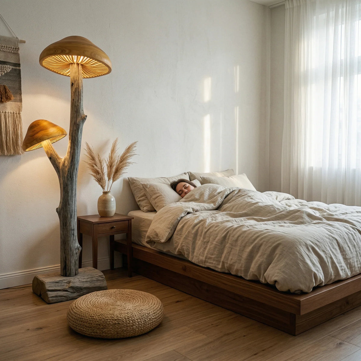 Dual mushroom driftwood floor lamp with hand-carved wood caps in a cozy bedroom setting