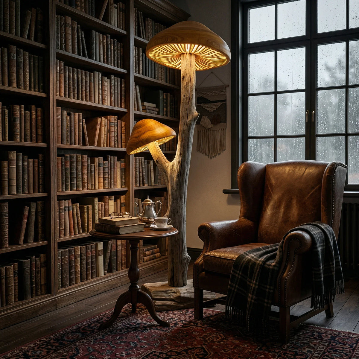 Dual mushroom driftwood floor lamp with hand-carved caps in cozy reading nook