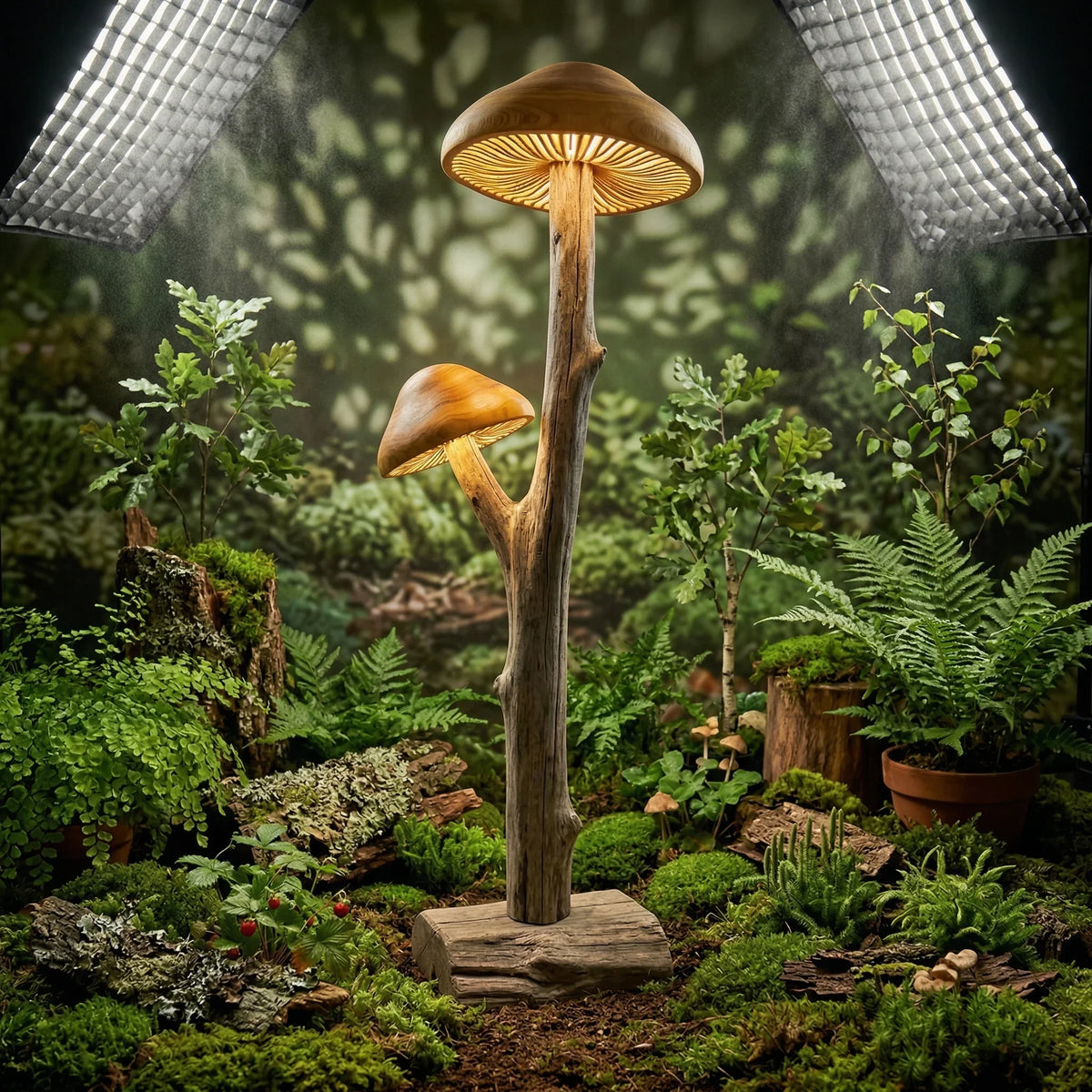 Dual mushroom floor lamp with hand-carved wood caps on driftwood base in a lush forest setting