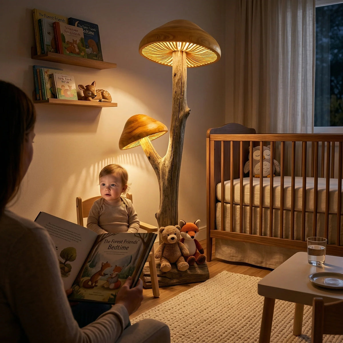 Dual mushroom driftwood floor lamp with two hand-carved wood caps in cozy nursery setting