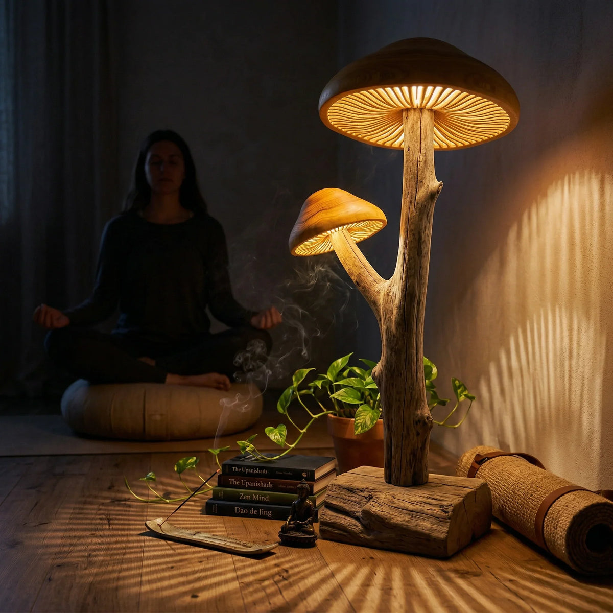 Dual mushroom floor lamp with carved wood caps and driftwood base in cozy meditation room