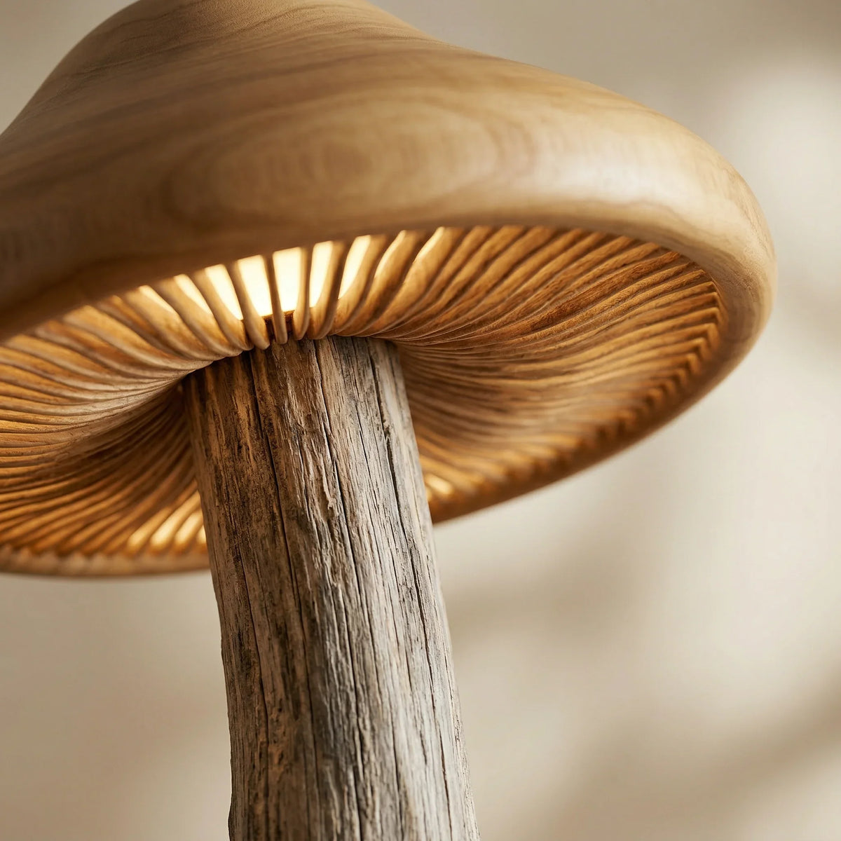 Hand-carved wooden mushroom lamp with natural driftwood trunk and glowing light.