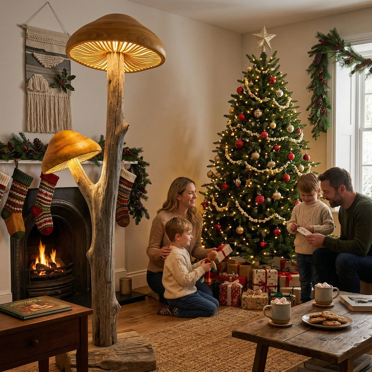 Dual mushroom driftwood floor lamp with hand-carved wood caps in cozy holiday living room