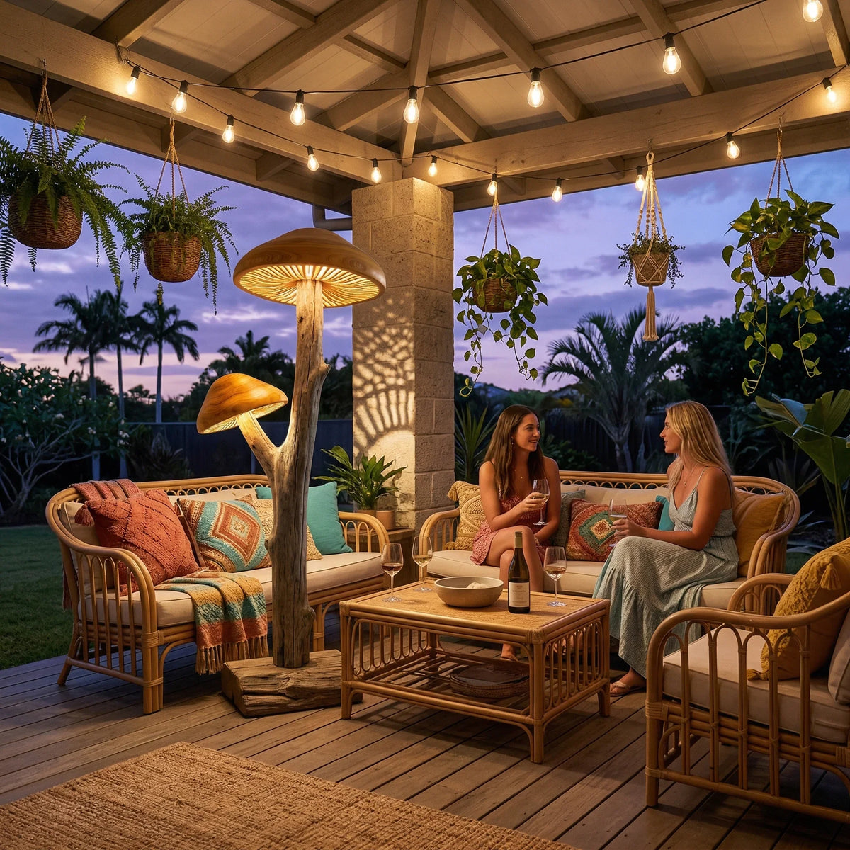 Dual mushroom floor lamp with hand-carved wood caps and driftwood base on outdoor patio