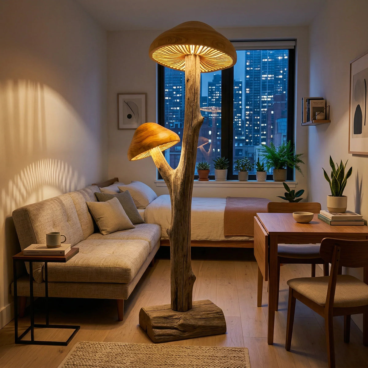 Dual mushroom driftwood floor lamp with hand-carved wood caps in a modern living room