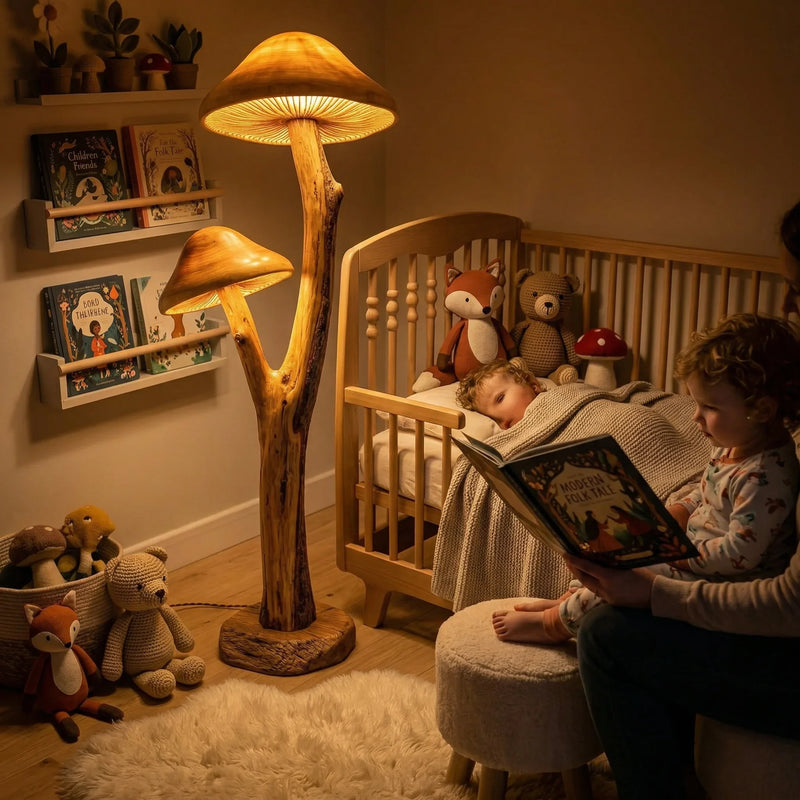 Dual mushroom nursery floor lamp with sculpted wood base beside crib and reading children