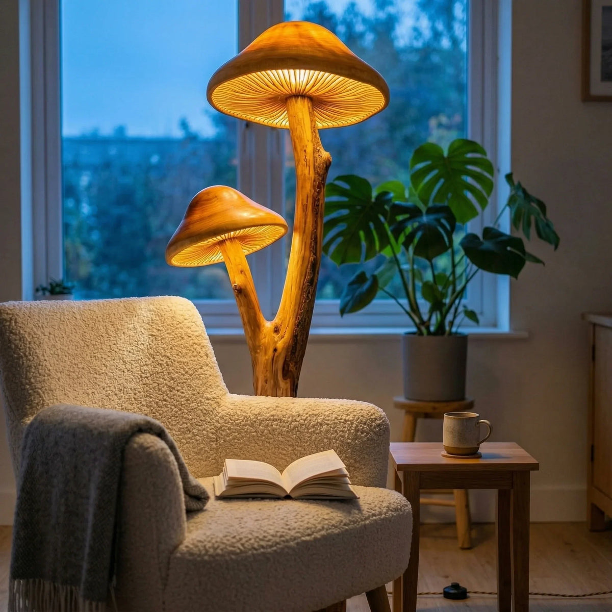 Dual mushroom-shaped floor lamp with sculpted wood stand in cozy living room setting