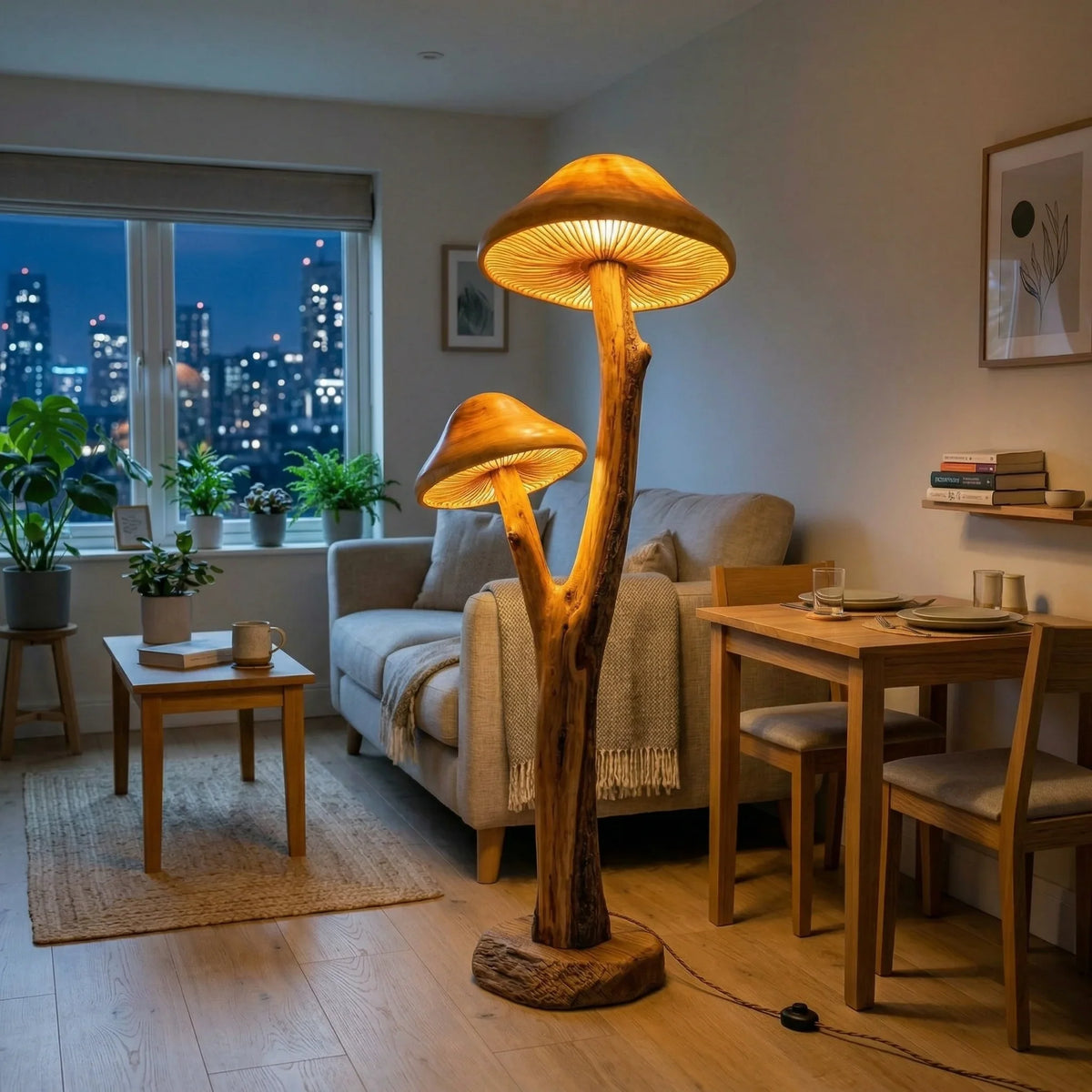 Dual mushroom floor lamp with sculpted wood branch base in cozy modern living room