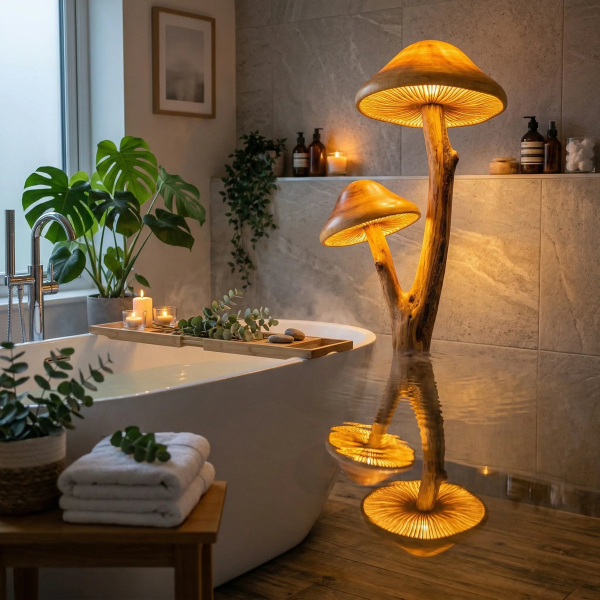 Dual mushroom floor lamp with sculpted wood base beside a bathtub in a cozy bathroom