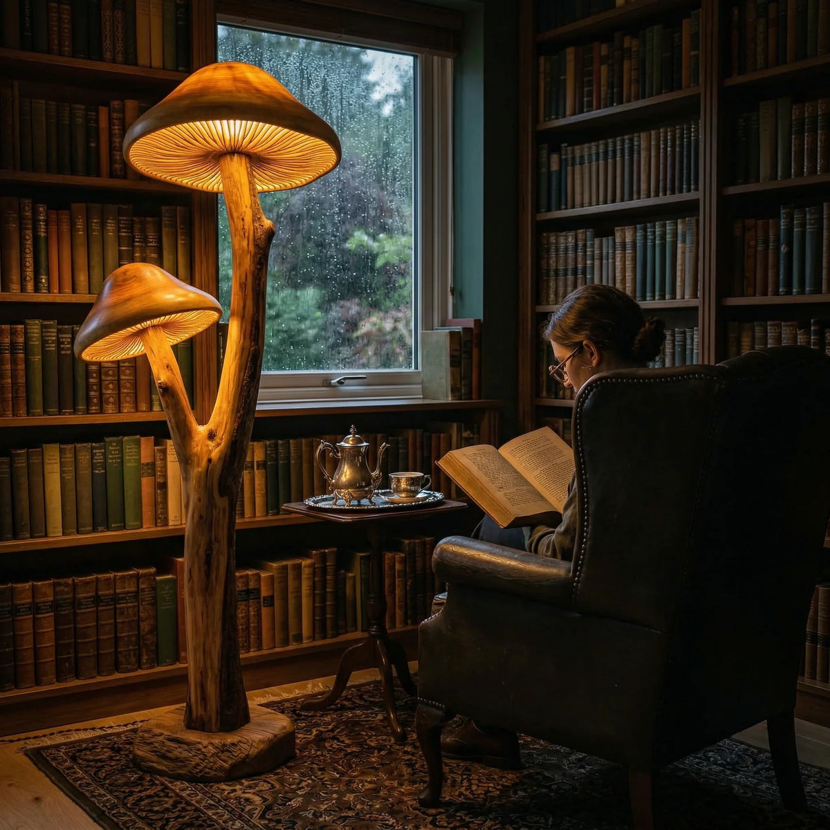 Dual mushroom floor lamp with sculpted wood stem and live edge base in cozy library setting