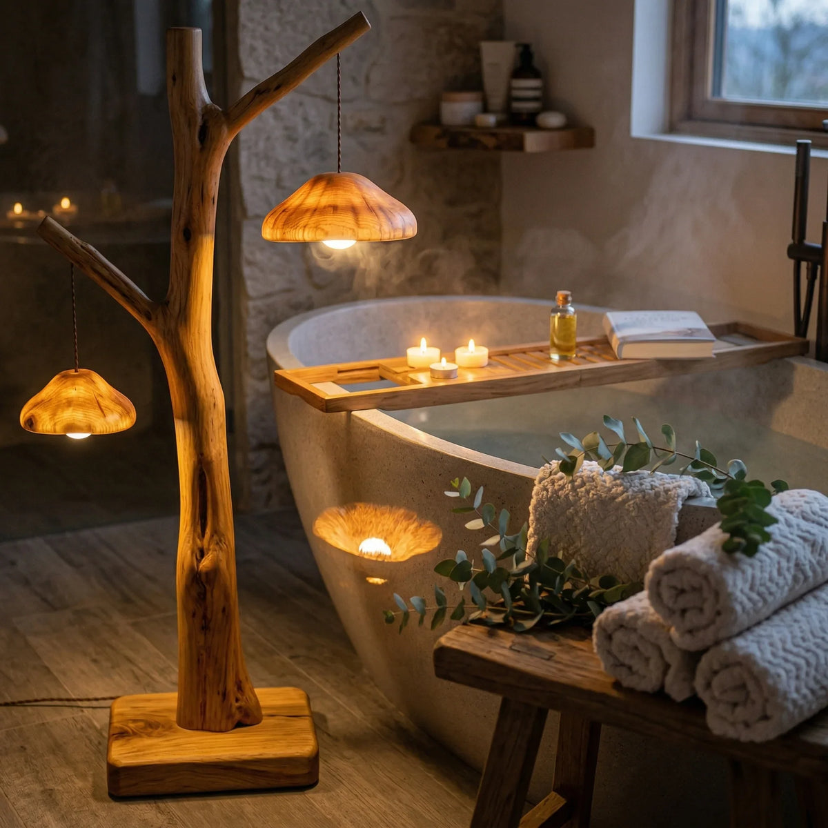 Dual pendant mushroom floor lamp with solid wood base beside a bathtub in a cozy bathroom