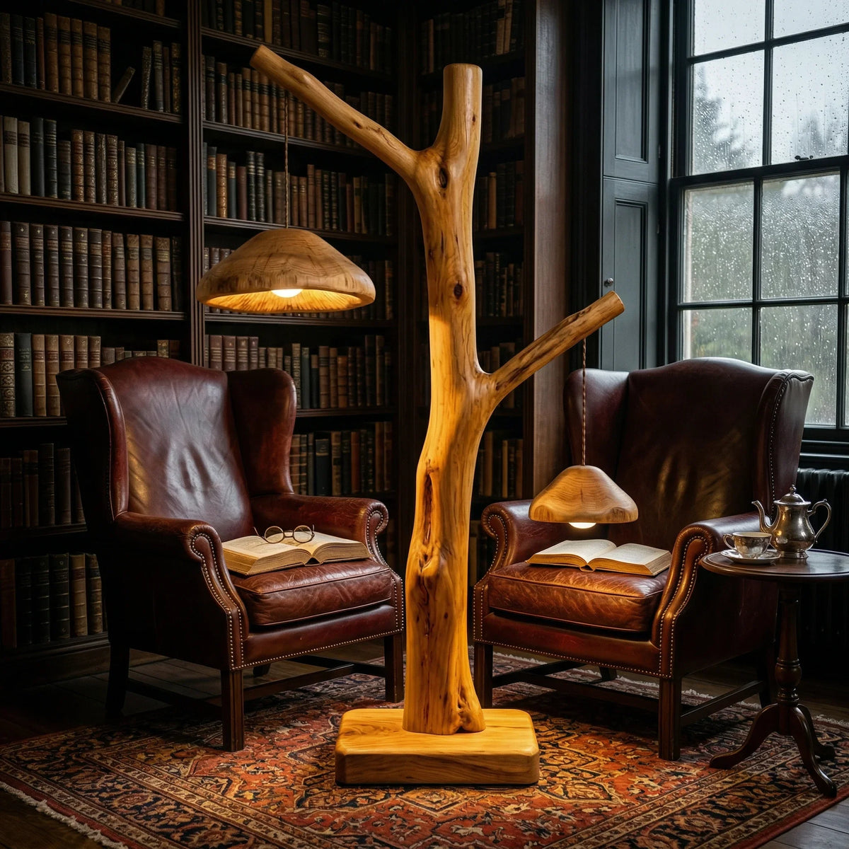Dual pendant floor lamp with mushroom-inspired wood shades on a natural branch base, in a cozy reading nook.