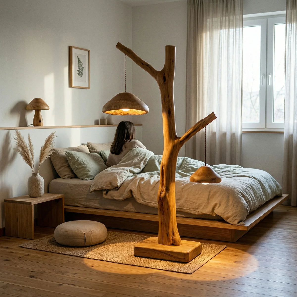 Dual pendant mushroom tree floor lamp with natural wood trunk and glowing caps in cozy bedroom