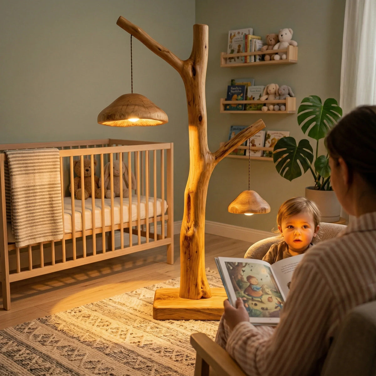 Tree floor lamp with dual mushroom pendant shades in cozy nursery setting