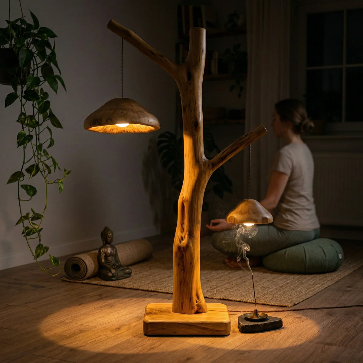 Solid wood floor lamp with mushroom-shaped pendant lights on natural tree branch base in cozy room