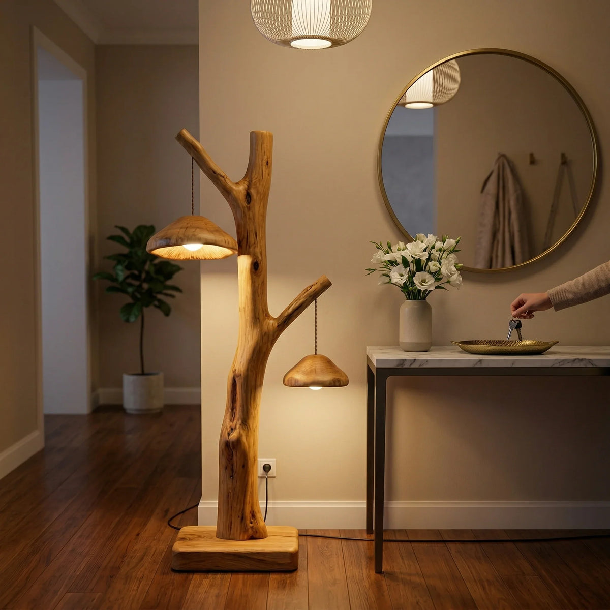 Solid wood tree floor lamp with dual mushroom-shaped pendants in modern entryway