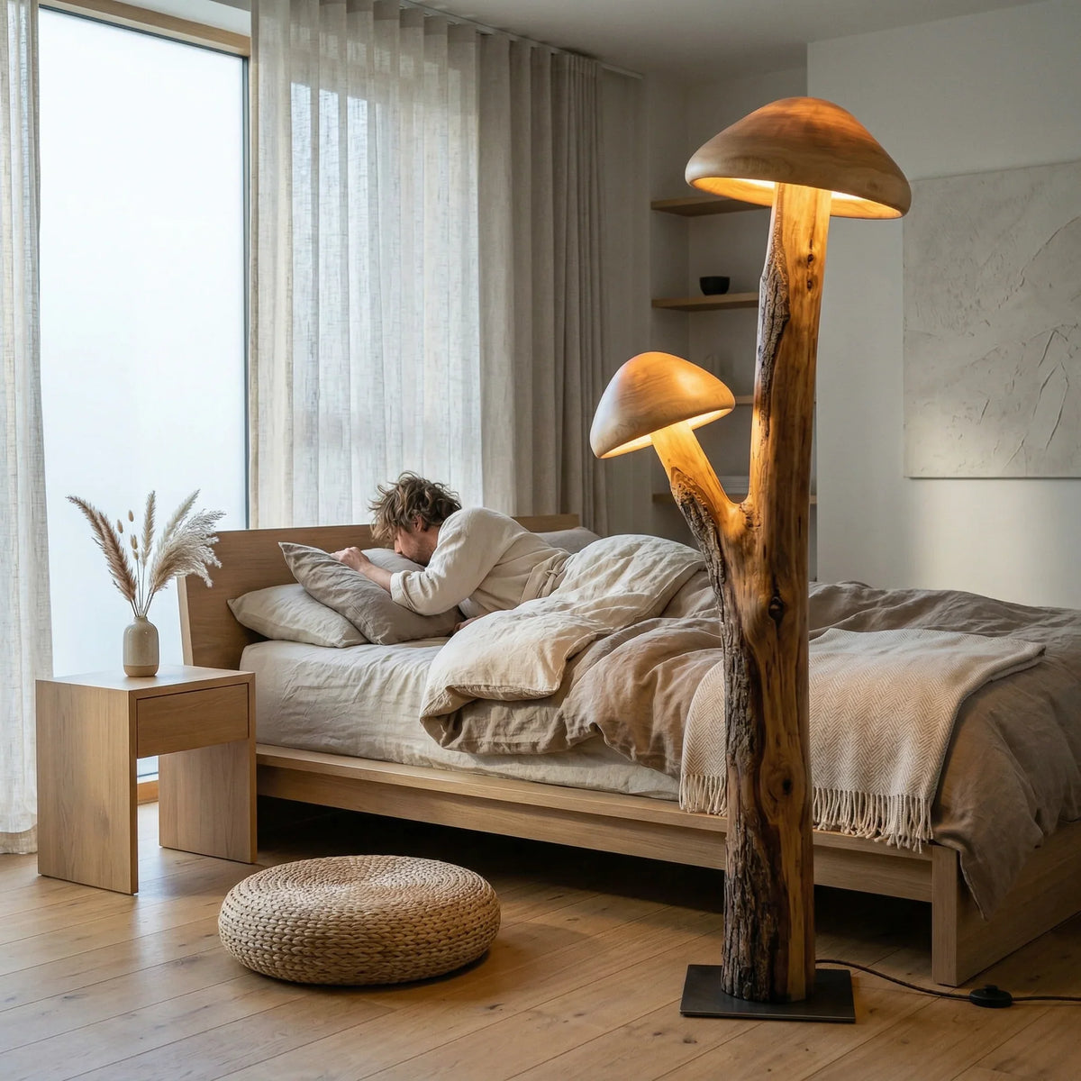 Dual mushroom cap floor lamp with wood trunk base beside bed in cozy modern bedroom