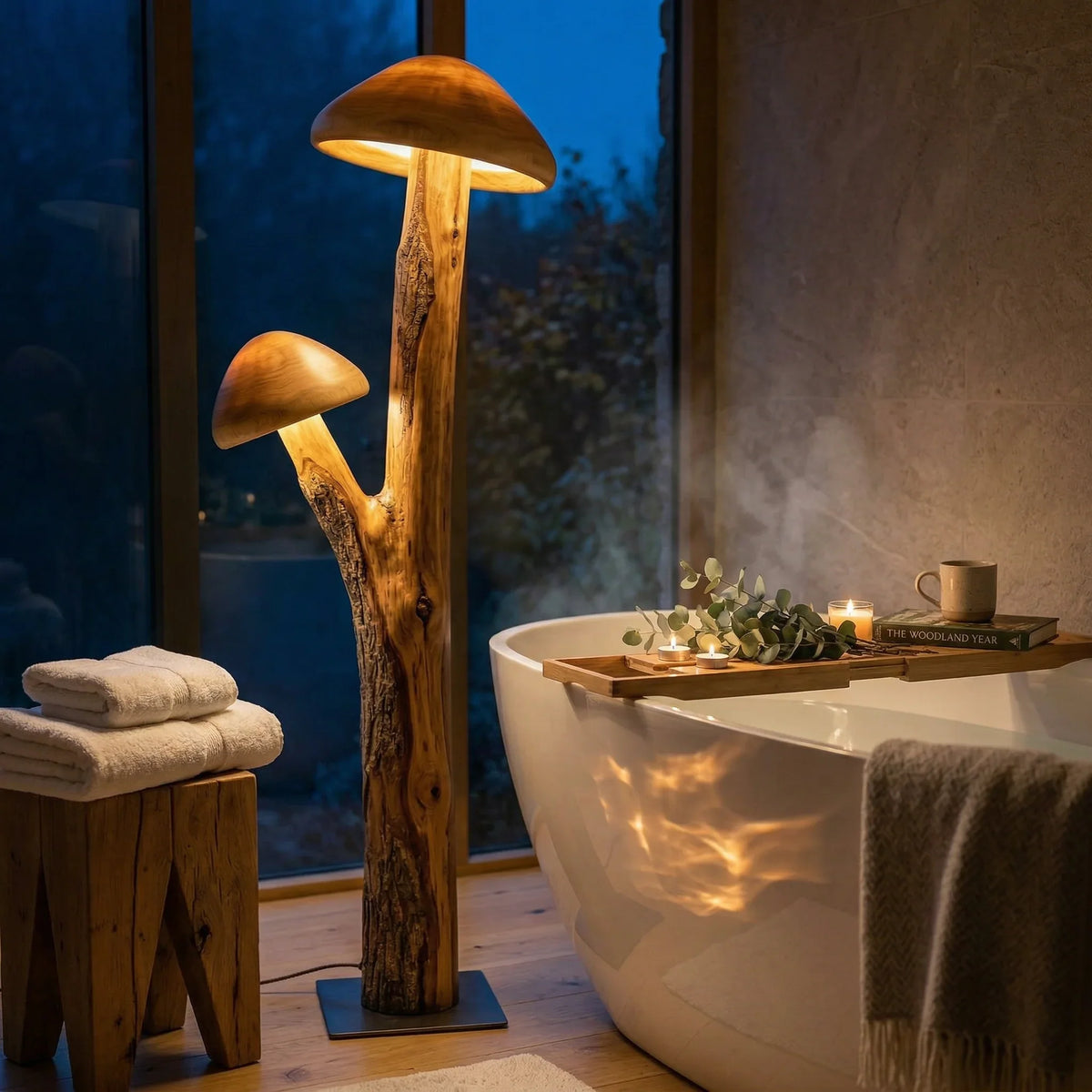 Dual Translucent Mushroom Bark Trunk Floor Lamp | Two Glowing Caps Dual Translucent Mushroom Bark Trunk Floor Lamp | Two Glowing Caps