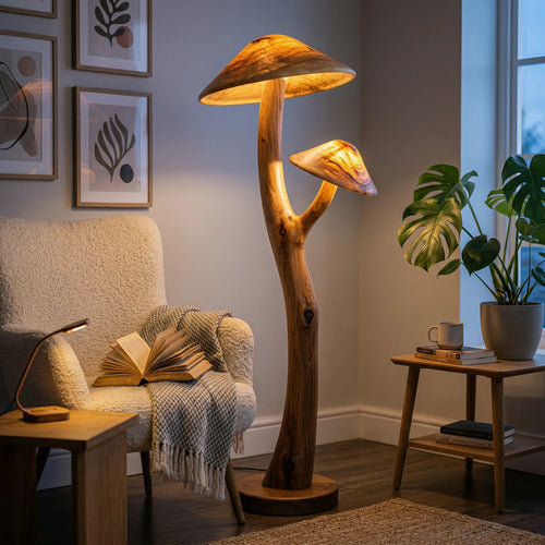 Dual Translucent Mushroom Floor Lamp on Sculpted Branch Stem