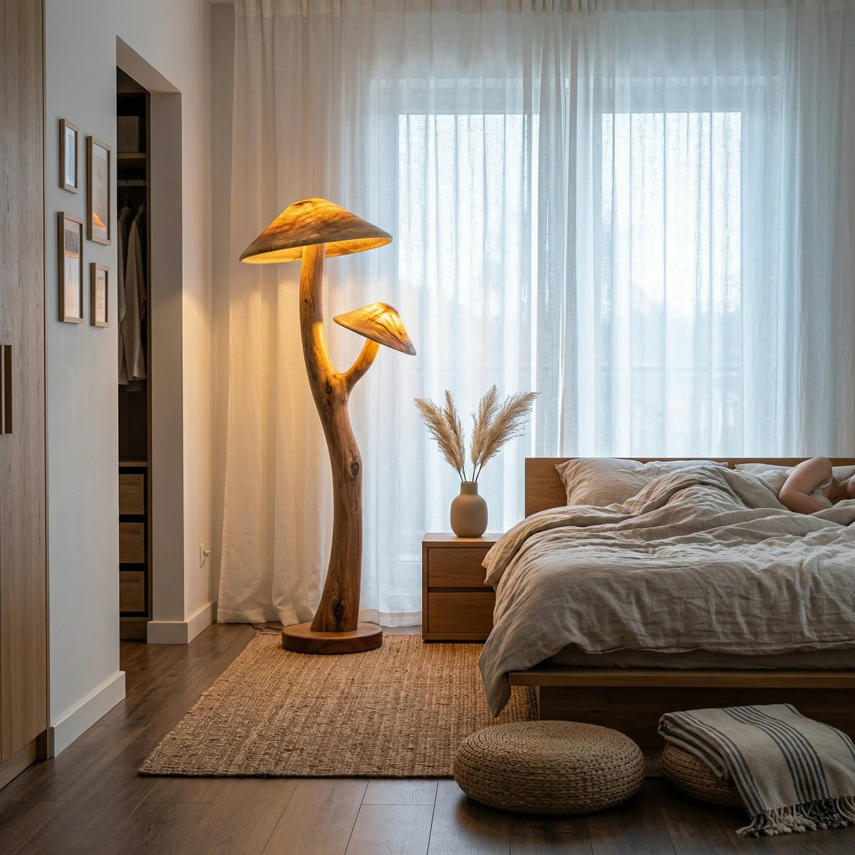 Translucent dual mushroom floor lamp with glowing wood caps and sculpted branch base in a bedroom