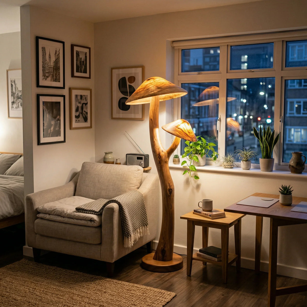 Dual translucent mushroom floor lamp with glowing wood caps on sculpted branch stem in modern living room