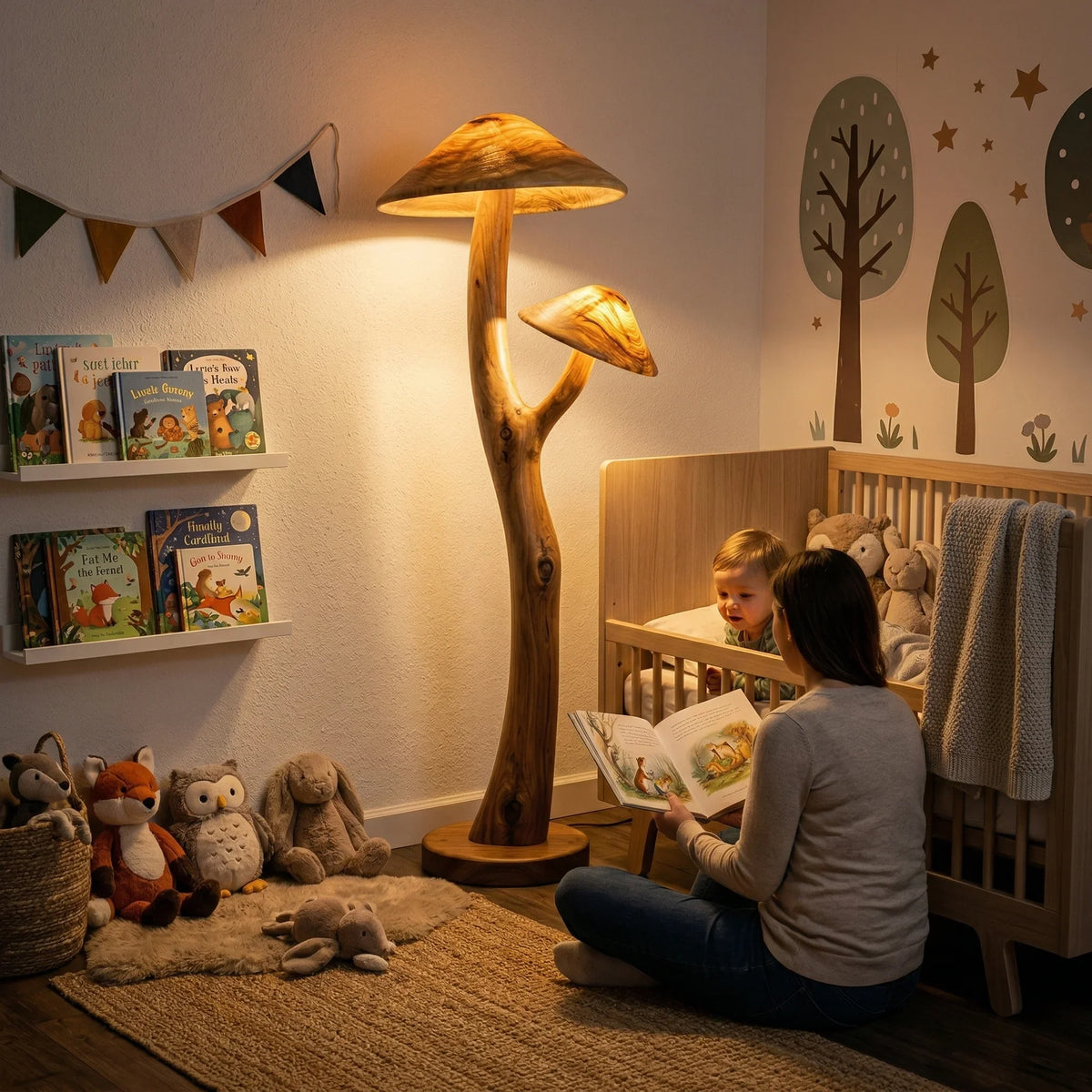 Dual translucent mushroom floor lamp with glowing wood caps, sculpted branch stem, walnut base in cozy nursery setting