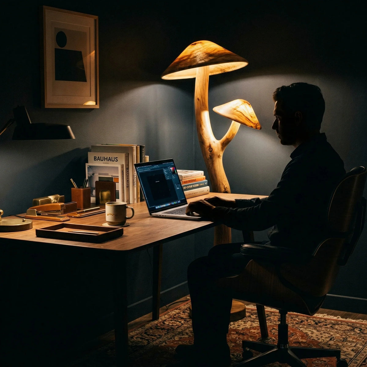 Dual mushroom floor lamp with glowing wood caps and sculpted branch stem by a desk