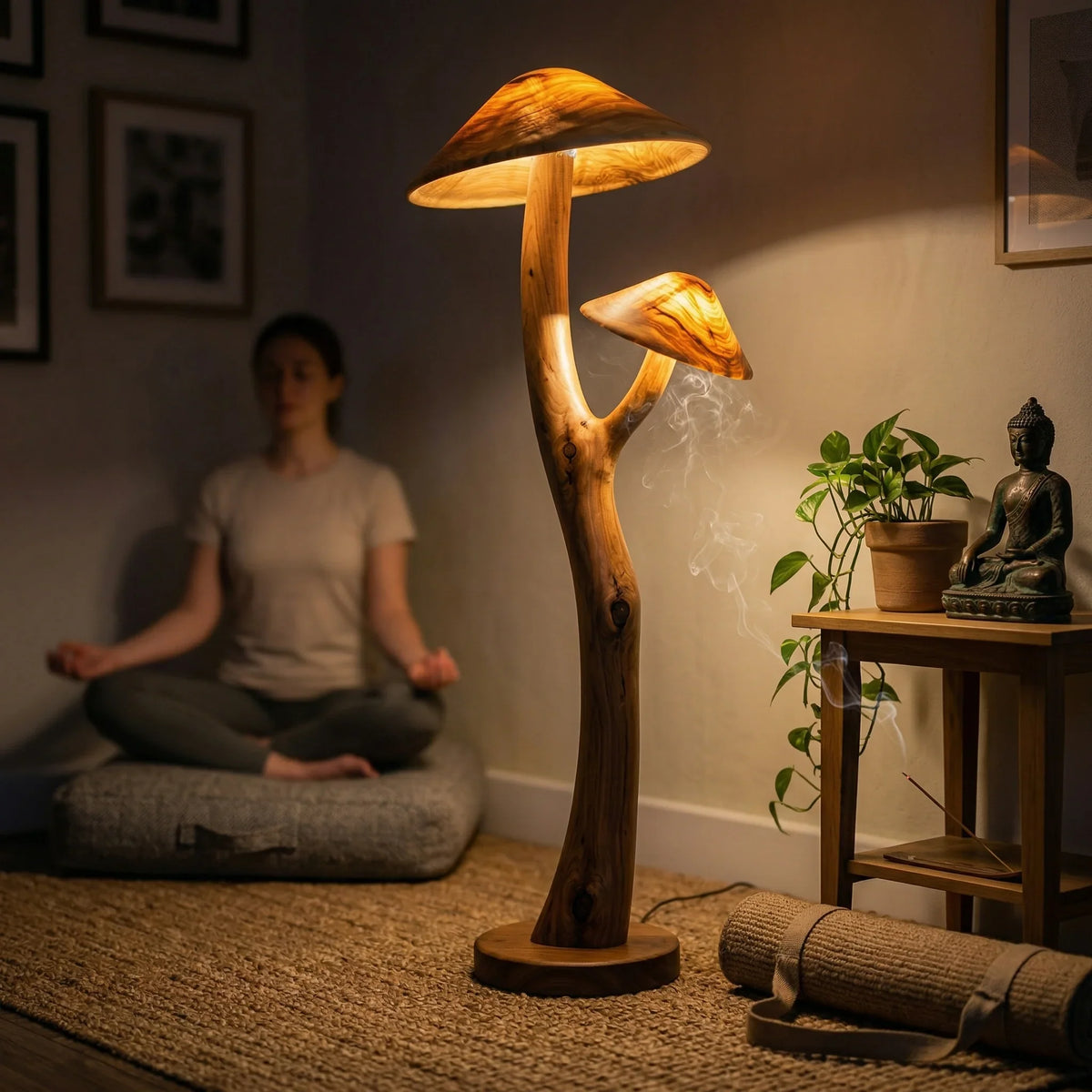 Dual mushroom floor lamp with glowing wood caps on sculpted branch base in a cozy meditation room.